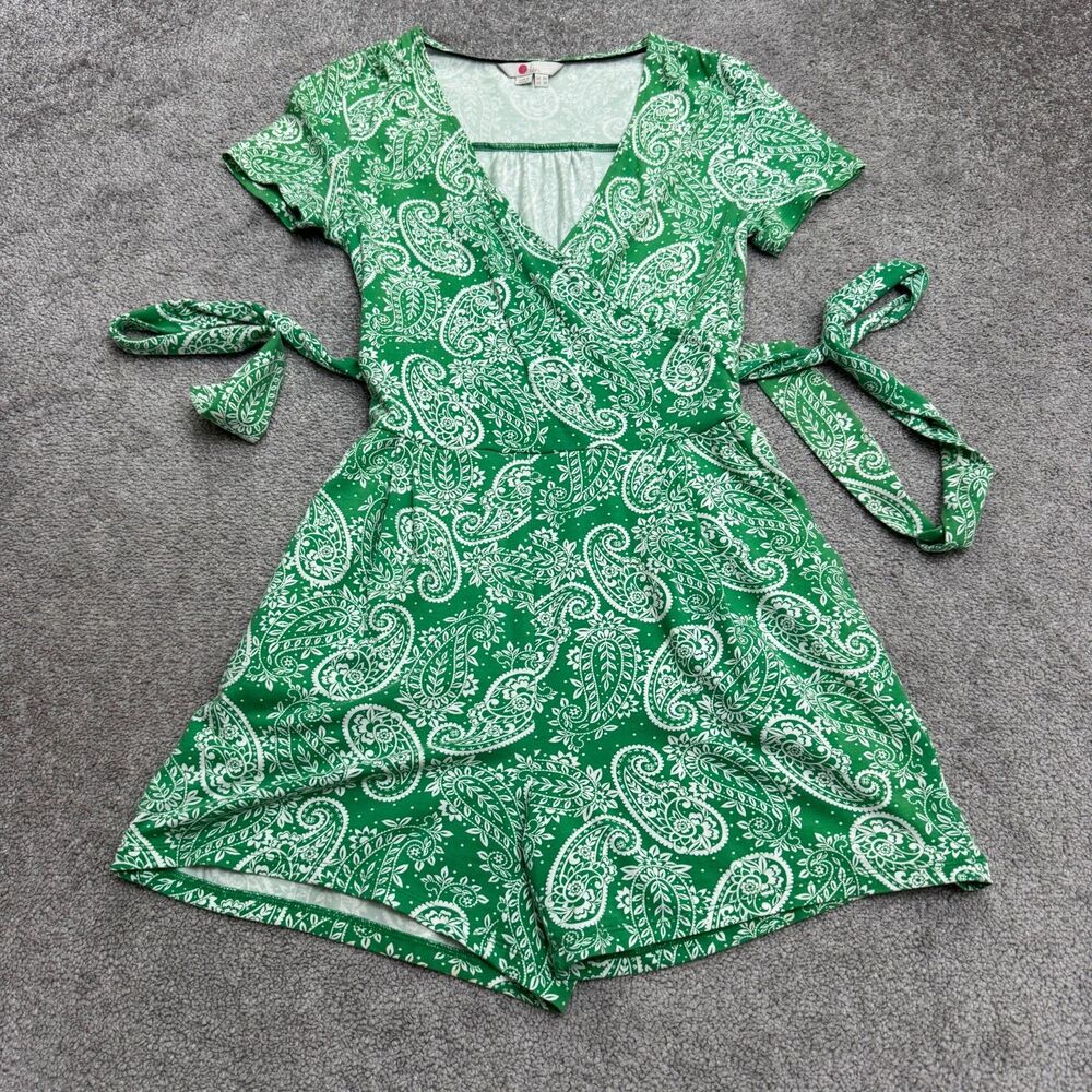 Boden Paisley Belted Wrapped Romper Womens 4R Green Short Sleeve V-Neck Boho